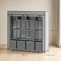 HOMCOM Kleiderschrank Stoffschrank, Türen, 2 Kleiderstangen, 10 Fächer, Grau(m-3)