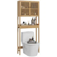 HOMCOM Etajeră pentru toaletă mobilier de baie pentru deasupra toaletei WC cu dulap 2 uși și etajeră deschisă bambus(m-8)