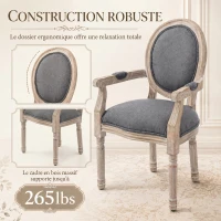 HOMCOM Chaise de Salle à Manger Chaise de Salon médaillon Style Louis XVI Bois Massif patiné sculpté Tissu Lin Gris(m-7)