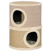 PawHut Cuccia per Gatti Tiragraffi a Torre con 2 Nicchie, Corda in Sisal e Alga Marina, Bordo Peluche, Cachi(m-11)