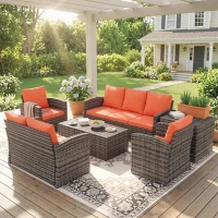 Outsunny 6 Pieces Rattan Garden Furniture Set, 7 Seater Wicker Outdoor Furniture Set with Storage Tea Table & Side Table, Sectional Garden Sofa Set with Cushions, Orange(m-2)