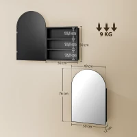 HOMCOM Spiegelschrank Bad Gewölbter Badezimmerschrank mit 180° Tür, 3 Regalen, aus Metall Schwarz 50 x 12 x 76 cm(m-3)