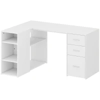 HOMCOM Escritorio Esquinero en L con 3 Cajones 5 Compartimentos Abiertos y Estantes Regulables 140x100x75 cm Blanco(m-1)