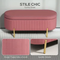 HOMCOM Panca contenitore ovale in velluto con coperchio, 72 L, 108x44x43,5 cm, rosa(m-5)