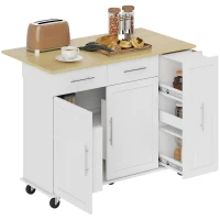 HOMCOM Îlot Central Cuisine avec Plateau Rabattable, Roulettes, 2 Tiroirs, Portes à Fermeture Douce, Porte-Serviettes, Blanc(m-12)