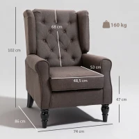 HOMCOM Fauteuil de salon capitonné avec assise large, pieds en bois, style classique, grand confort, 74 x 86 x 102 cm, marron(m-3)