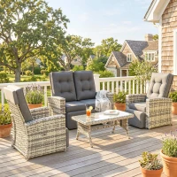 Outsunny 4 Piece Rattan Garden Furniture Set Outdoor Sofa Sectional Set with Glass Top Table for Poolside, Light Grey(m-2)