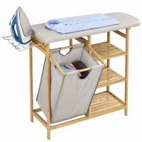 HOMCOM Cesto de Ropa Sucia 57,4L con Tabla de Planchar Soporte para Plancha 3 Estantes y Bolsa Extraíble 113x34x82 cm Natural(m-11)