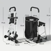 HOMCOM Chariot de courses pliable caddie de courses portable à roulettes avec siège pliable, sac amovible, 46x59,5x97cm, noir(m-3)