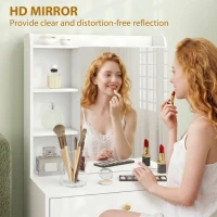 HOMCOM Dressing Table with Mirror and Mobile Storage Stool, Compact Vanity Table with Cabinet, Drawers, Open Shelves, White(m-7)