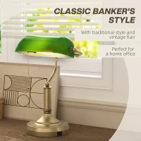 HOMCOM Desk Lamp with USB Ports, Banker's Table Lamp Desk Lamp with Vintage Bronze Tone Base and Pull Rope Switch, Green(m-4)