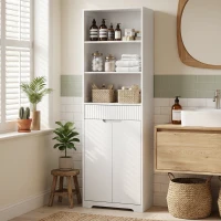 HOMCOM Meuble de salle de bain haut, 2 portes à fermeture douce, tiroir, 3 compartiments ouverts et étagères réglables, blanc(m-17)