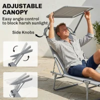 Outsunny Folding Sun Lounger with Canopy, Reclining Sunbed with 4-Position Adjustable Backrest, 600D Oxford Cloth, Portable Garden Lounger Recliner Chair for Beach, Camping, Patio, Light Grey(m-4)