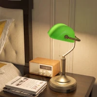 HOMCOM Desk Lamp with USB Ports, Banker's Table Lamp Desk Lamp with Vintage Bronze Tone Base and Pull Rope Switch, Green(m-9)