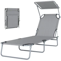 Outsunny Folding Sun Lounger with Canopy, Reclining Sunbed with 4-Position Adjustable Backrest, 600D Oxford Cloth, Portable Garden Lounger Recliner Chair for Beach, Camping, Patio, Light Grey(m-10)