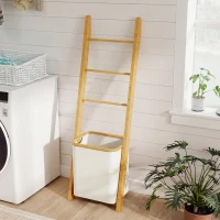 HOMCOM Porte-Serviettes Bambou avec Panier à Linge, Échelle Porte-Serviettes avec 1 Panier à Linge, 43 x 35 x 133 cm, Crème(m-2)