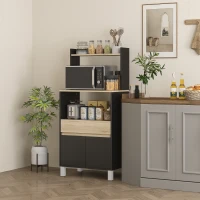 HOMCOM Meuble micro onde, buffet cuisine avec placard tiroir étagère supérieur, 60 x 40 x 131 cm chêne et noir(m-7)