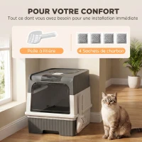 PawHut Maison de Toilette pour Chat avec Couvercle, Entrées, Plateau Coulissant, Pelle, Sachets Désodorisants, 48x35x36cm, Gris(m-7)