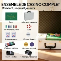 SPORTNOW Mallette de Poker Coffret de Poker Complet 300 Jetons, Cartes à Jouer, Dés, Dealer, Tapis, Clés, Boîtier en ABS, Argent(m-4)