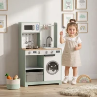 AIYAPLAY Bucătărie pentru copii jucărie de rol, set de joacă cu aragaz, chiuvetă, cuptor cu microunde, 5 accesorii, verde(m-6)