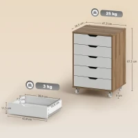 Vinsetto Caisson bureau mobile, meuble rangement bureau sur roulettes, 5 tiroirs, 47,5 x 39,5 x 67,5 cm, blanc et chêne(m-3)