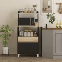 HOMCOM Meuble micro onde, buffet cuisine avec placard tiroir étagère supérieur, 60 x 40 x 131 cm chêne et noir(m-10)