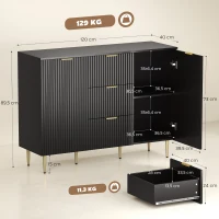 HOMCOM Buffet meuble cuisine rangement avec 3 tiroirs, étagères réglables, placards à portes cannelées, 120 x 40 x 90 cm, noir(m-3)