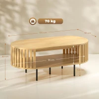 HOMCOM Table basse ovale, table de salon avec rangement, coins arrondis, design lattes, 100 x 50 x 40 cm, effet bois naturel(m-3)