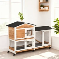 PawHut Clapier bois pour lapins petit enclos animaux villa pour lapin sur roulettes 2 étages 3 plateaux coulissants jaune(m-9)