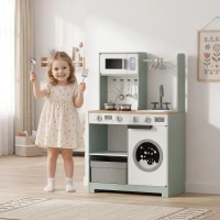 AIYAPLAY Bucătărie pentru copii jucărie de rol, set de joacă cu aragaz, chiuvetă, cuptor cu microunde, 5 accesorii, verde(m-7)
