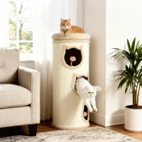 PawHut Tonneau à gratter, tour à griffer en sisal et bord en peluche, 3 niveaux avec plate-forme, stable, Ø 38 x 96 cm crème(m-10)