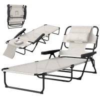 Outsunny Chaise longue de jardin pliante dossier réglable sur 4 niveaux, trou de lecture et appui-tête 72 x 194 x 89 cm crème(m-17)