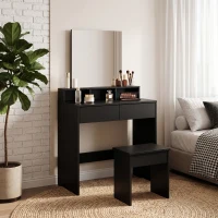 HOMCOM Penteadeira com Espelho 3 Prateleiras 2 Gavetas e Banquinho em Madeira 75x38x135 cm Preto(m-6)