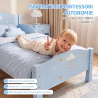 AIYAPLAY Lit Enfant 70 x 140 cm, Lit pour Enfant avec Barrière de Sécurité et Sommier à Lattes en Bois, Motif Nuage, Bleu(m-6)