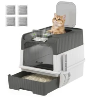 PawHut Maison de Toilette pour Chat avec Couvercle, Entrées, Plateau Coulissant, Pelle, Sachets Désodorisants, 48x35x36cm, Gris(m-12)