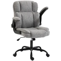 HOMCOM Chaise de Bureau Pivotante avec Accoudoirs Rabattables, Hauteur Réglable, Bascule en Tissu Effet Lin, Gris(m-7)