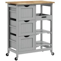 HOMCOM Chariot desserte de cuisine à roulettes plan de travail en bois 3 tiroirs et 1 plateau amovible 67 x 37 x 85,5 cm gris(m-1)