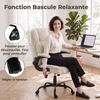 HOMCOM Chaise de Bureau Ergonomique en Chenille, Fonction Bascule, Accoudoirs Relevables, Hauteur Réglable, 70x67x108cm, Beige(m-7)