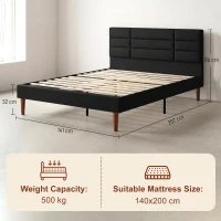 HOMCOM Cadru de pat 140 x 200 cm cu somier din lemn, pat dublu tapițat cu efect de in, depozitare dedesubt, fără zgomot, Negru(m-3)