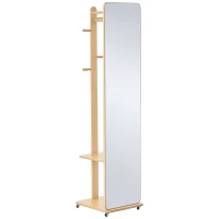 HOMCOM Miroir sur Pied avec roulettes - Portant, 4 patères étagère MDF Aspect Bois Clair(m-1)