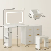 HOMCOM Coiffeuse avec miroir et tabouret, table de maquillage avec éclairage LED réglable, 6 tiroirs, 118 x 78 x 135 cm, blanc(m-3)