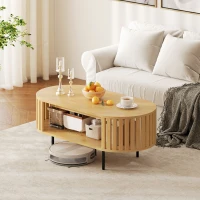 HOMCOM Table basse ovale, table de salon avec rangement, coins arrondis, design lattes, 100 x 50 x 40 cm, effet bois naturel(m-10)