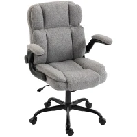 HOMCOM Chaise de Bureau Pivotante avec Accoudoirs Rabattables, Hauteur Réglable, Bascule en Tissu Effet Lin, Gris(m-8)