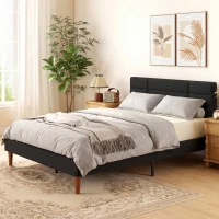 HOMCOM Estructura de Cama 140x200 cm con Lamas de Madera Cama Doble Acolchada en Efecto Lino con Almacenamiento Inferior sin Ruido Negro(m-10)