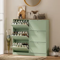HOMCOM Dulap pentru încălțăminte Stil modern, 3 uși abătătoare, 18 perechi de pantofi, 60 x 23,5 x 115 cm, Verde(m-4)