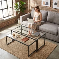 HOMCOM Lot de 2 tables basses gigognes tables de salon rectangulaires design en acier noir et plateaux en verre trempé(m-9)