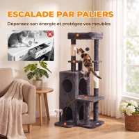 PawHut Arbre à Chat 4 Niveaux 132 cm, Niche, Lit, Plateforme, Poteaux à Griffer en Sisal, Jouets Suspendus, Gris Foncé(m-6)