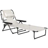 Outsunny Chaise longue de jardin pliante dossier réglable sur 4 niveaux, trou de lecture et appui-tête 72 x 194 x 89 cm crème(m-1)