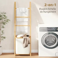 HOMCOM Porte-Serviettes Bambou avec Panier à Linge, Échelle Porte-Serviettes avec 1 Panier à Linge, 43 x 35 x 133 cm, Crème(m-4)