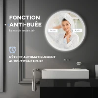 kleankin Miroir rond lumineux LED de salle de bain Ø 70 cm mural éclairage interrupteur tactile système antibuée 35W blanc argent(m-6)